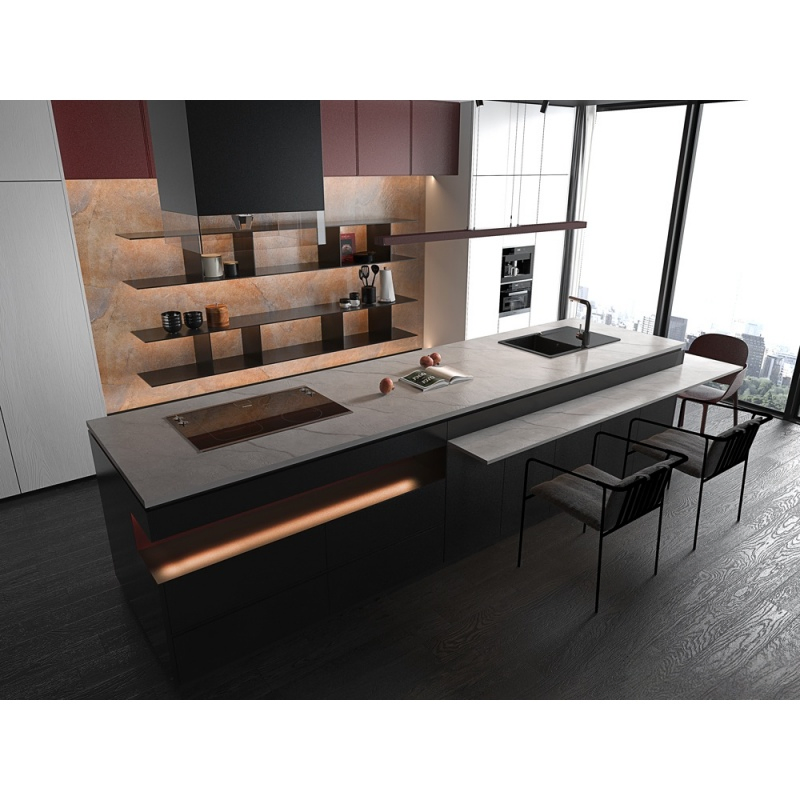 Mesa de Jantar de Ilha de Cozinha Prefabricada de Luxo com Pedra Sinterizada com Aparência de Madeira