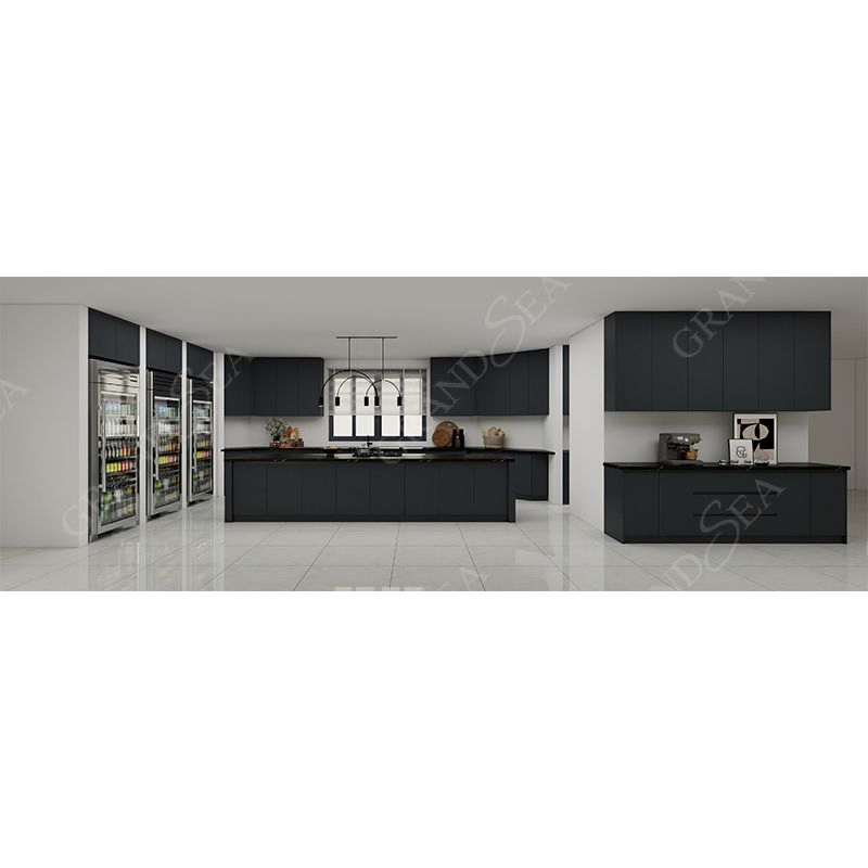 Armários de Cozinha de Design Luxuoso na Cor Preta, Armário de Vinho, Ilha de Cozinha