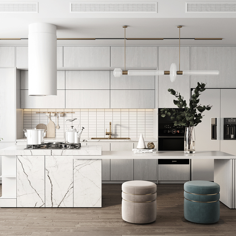 Conjunto de Armários de Cozinha de Madeira Sólida de Luxo Moderno de Foshan Móveis para Casa Forma Personalizada Design de Alumínio / Ilha Armários de Cozinha Modulares Estilo Shaker
