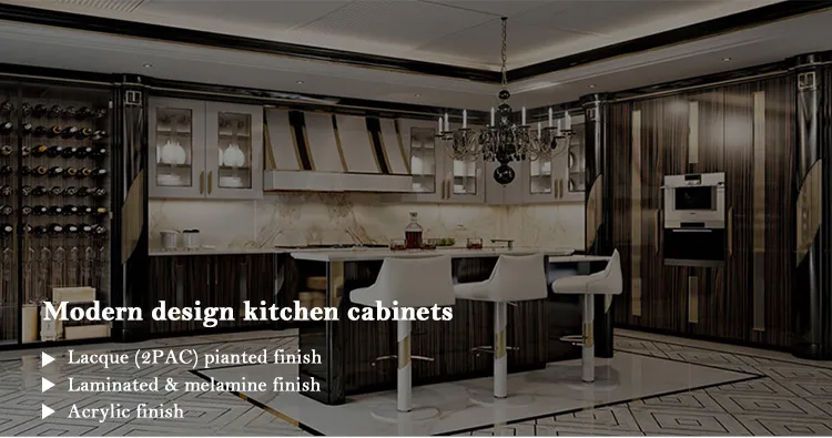 Armários de Cozinha de Design Luxuoso na Cor Preta, Armário de Vinho, Ilha de Cozinha