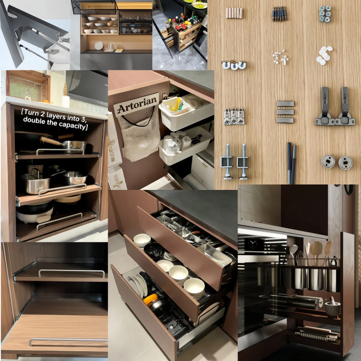 Armário de Cozinha em Vinil Luxuoso com Plywood e Bancada de Mármore Preto, Armário Modular de Armazenamento para Cozinha