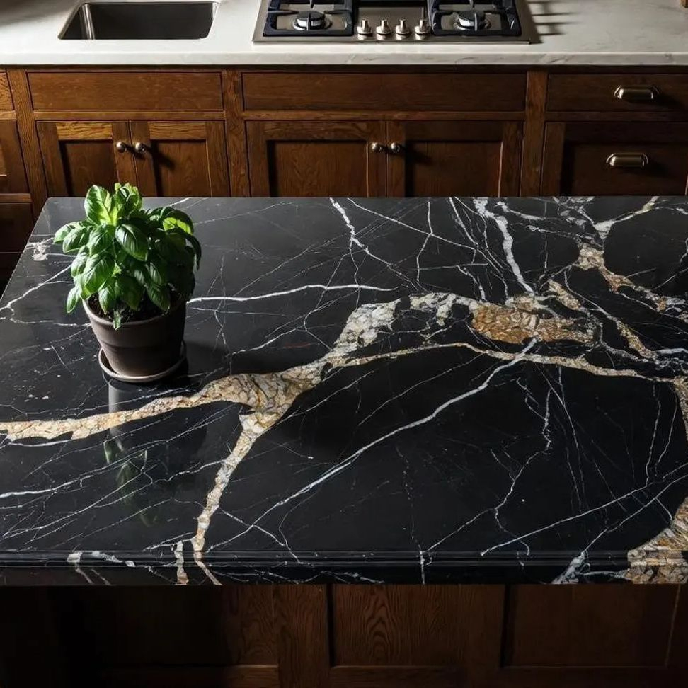 Bancada de Cozinha em Mármore Nero Marquina de Luxo com Superfície de Pedra Preta Polida Design Moderno de Armário de Bar em Casa