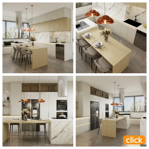 Armário de Cozinha Contemporâneo Alto em Madeira Natural Bicolor Durável com Fechamento Suave