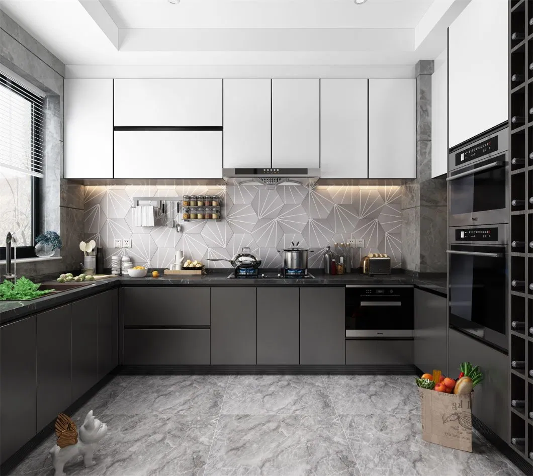 Armário de despensa cinza OSB moderno, armários de cozinha, design personalizado em forma de U