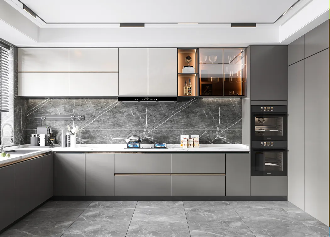 Conjunto de Móveis de Cozinha Moderna Design Vintage Módulo de Canto Lacado em Madeira Sólida com Ilha