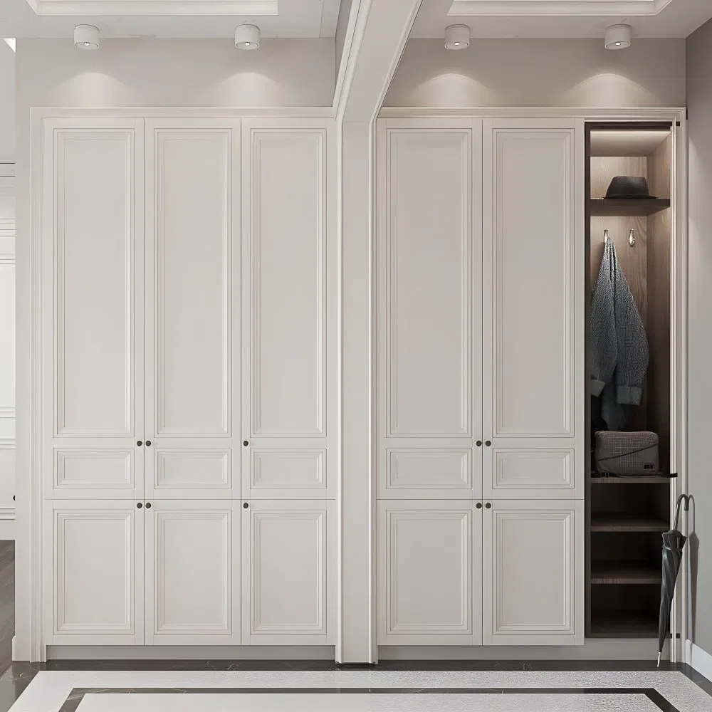 Design de Armários de Quarto em Madeira Sólida Branca Europeia com Porta de Vidro e Faixa de Luz