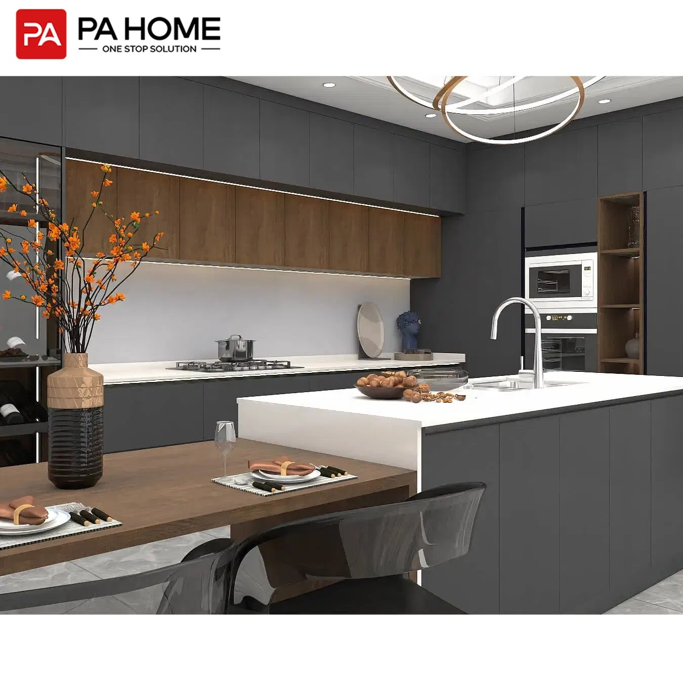 Armários de Cozinha em MDF Laminado Personalizados na China, Atacado, Cinza, Lacado, Armazenamento, Despensa