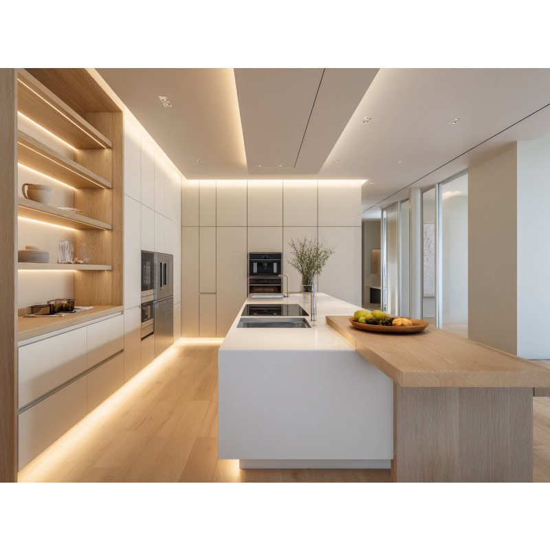 Armário de Cozinha Contemporâneo Alto em Madeira Natural Bicolor Durável com Fechamento Suave