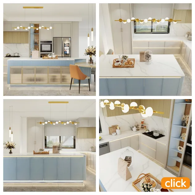 Armário de Cozinha Contemporâneo Alto em Madeira Natural Bicolor Durável com Fechamento Suave