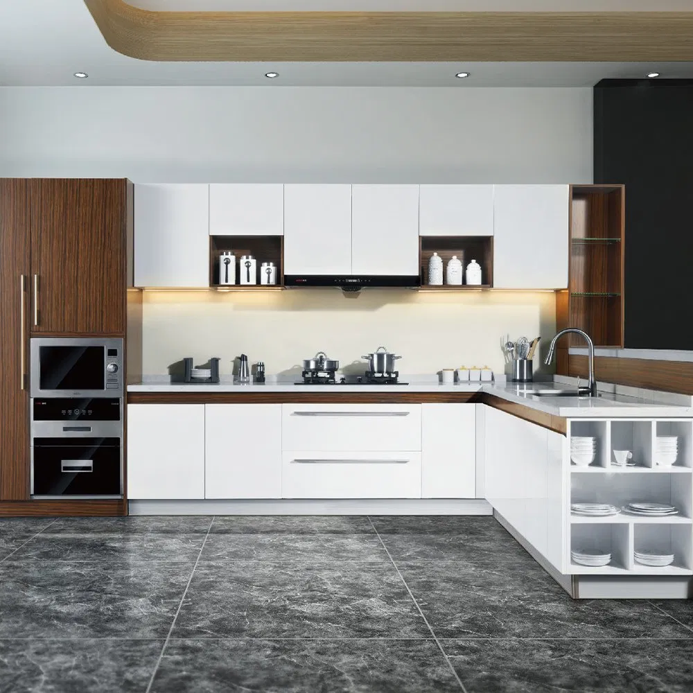 Móveis de cozinha de design personalizado com armários de ilha de luxo com acabamento em laca e pia dupla, armário de cozinha moderno