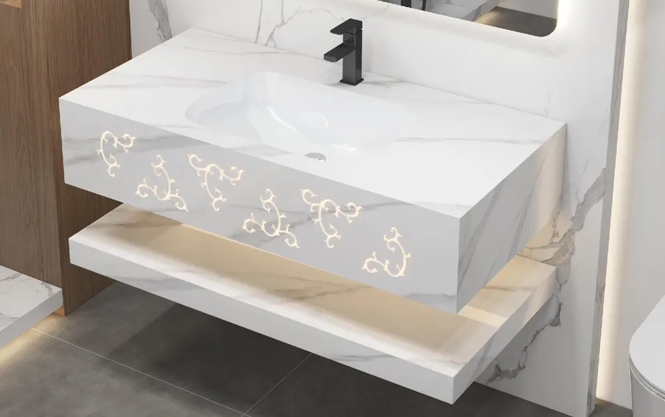 Espelho inteligente com luz LED de placa de rocha em cor personalizada, armário flutuante para banheiro, móveis para banheiro