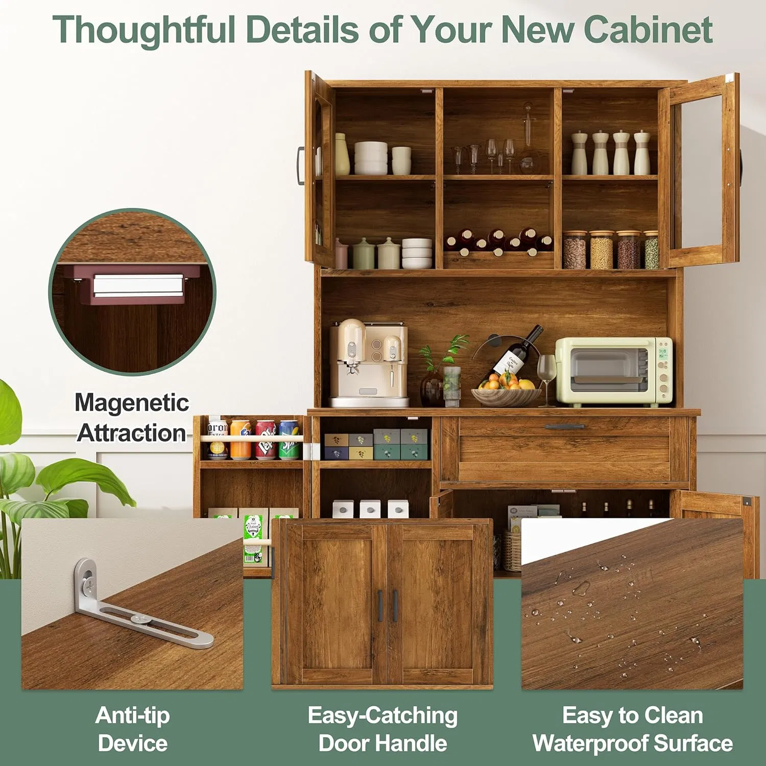 Buffet alto de madeira marrom com portas de vidro, suporte para vinho e gavetas