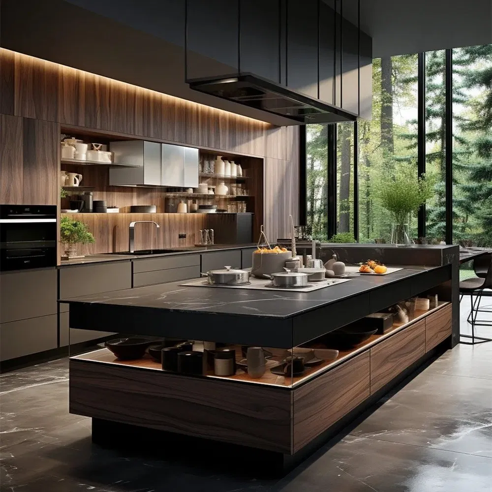 Fábrica de Foshan Design Moderno Armário de Cozinha Modular Personalizado em Compensado com Revestimento de Madeira, Armários de Cozinha com Ilhas