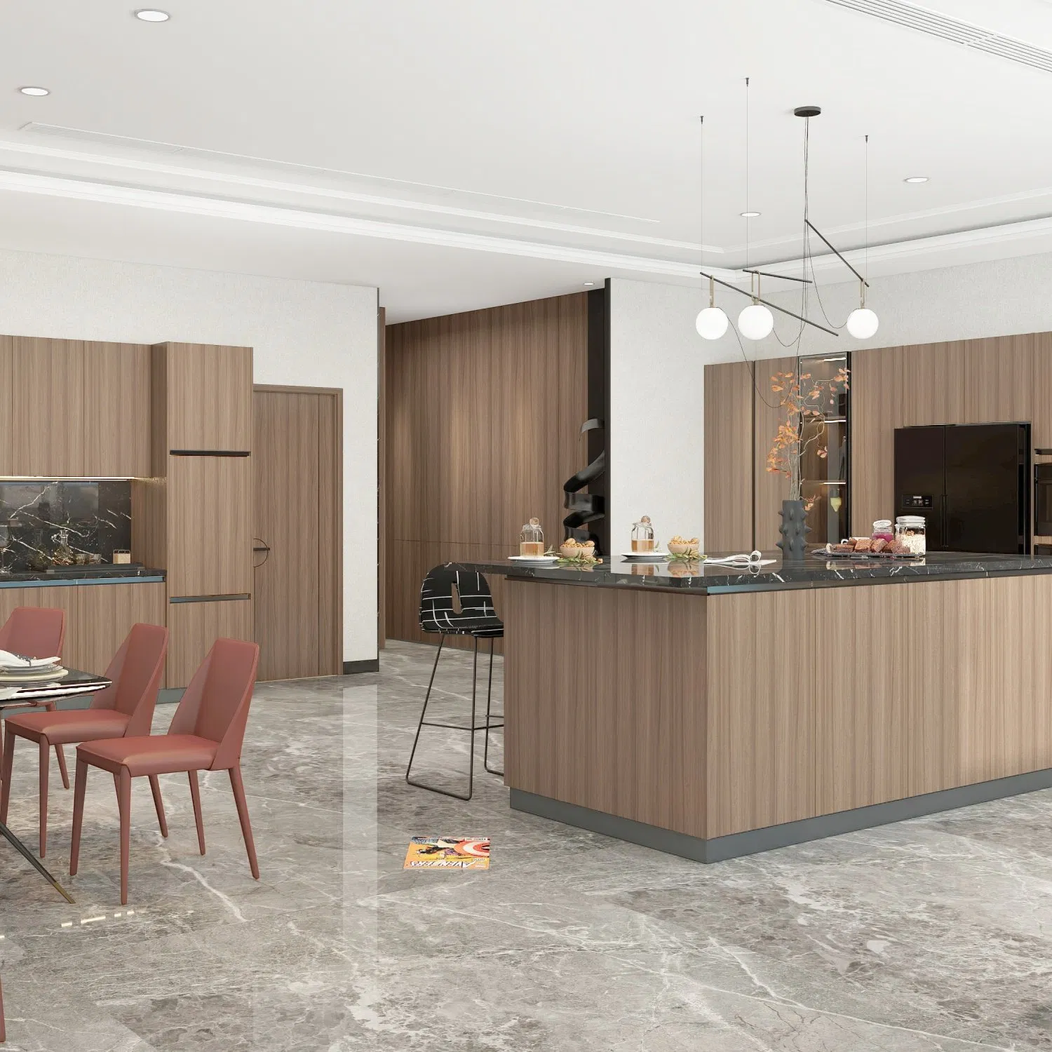 Hotel Villa Fábrica Foshan Cozinha Moderna Luxuosa à Prova d'Água Estilo Linear Armário de Madeira com Ilha