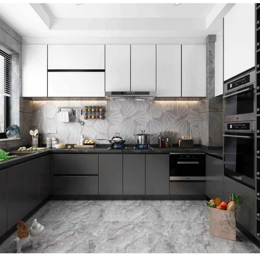 Armário de despensa cinza OSB moderno, armários de cozinha, design personalizado em forma de U