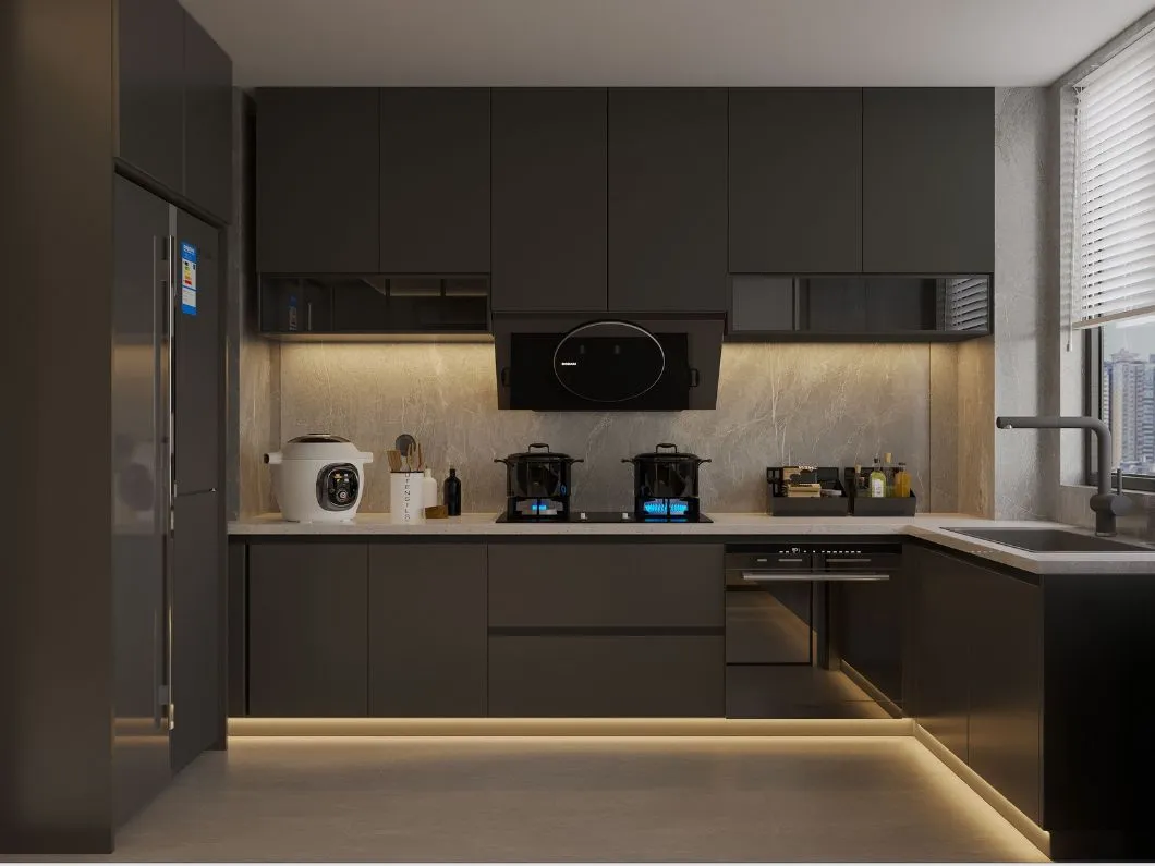Armário de despensa cinza OSB moderno, armários de cozinha, design personalizado em forma de U