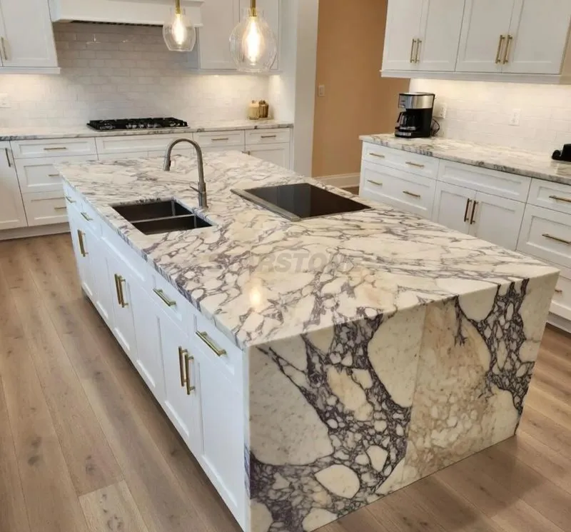 Ilha de Cozinha de Mármore Calacatta Viola Personalizada de Luxo com Topo de Contraposição Roxo e Branco para Interiores Residenciais e Comerciais Modernos