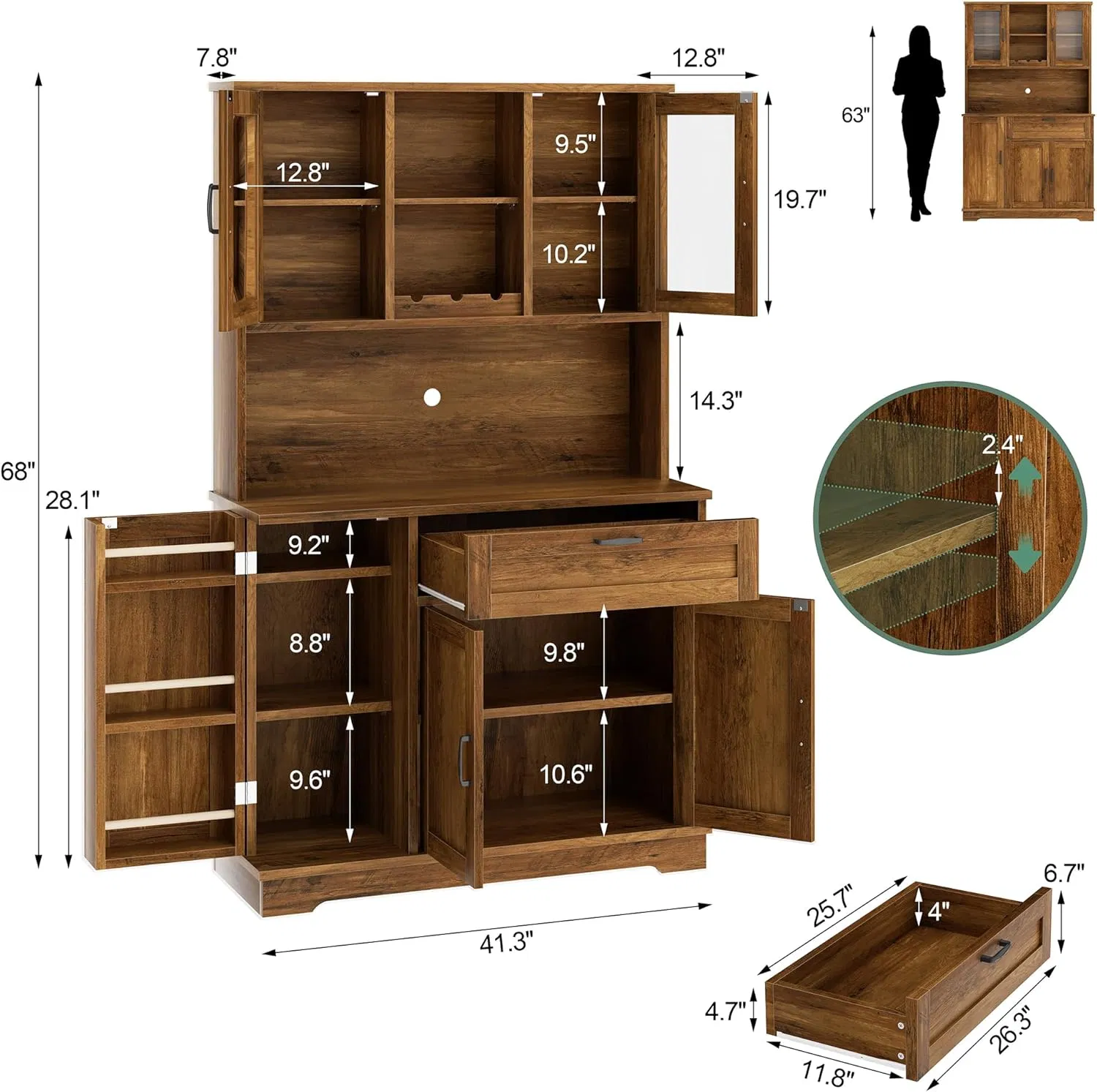 Buffet alto de madeira marrom com portas de vidro, suporte para vinho e gavetas 2