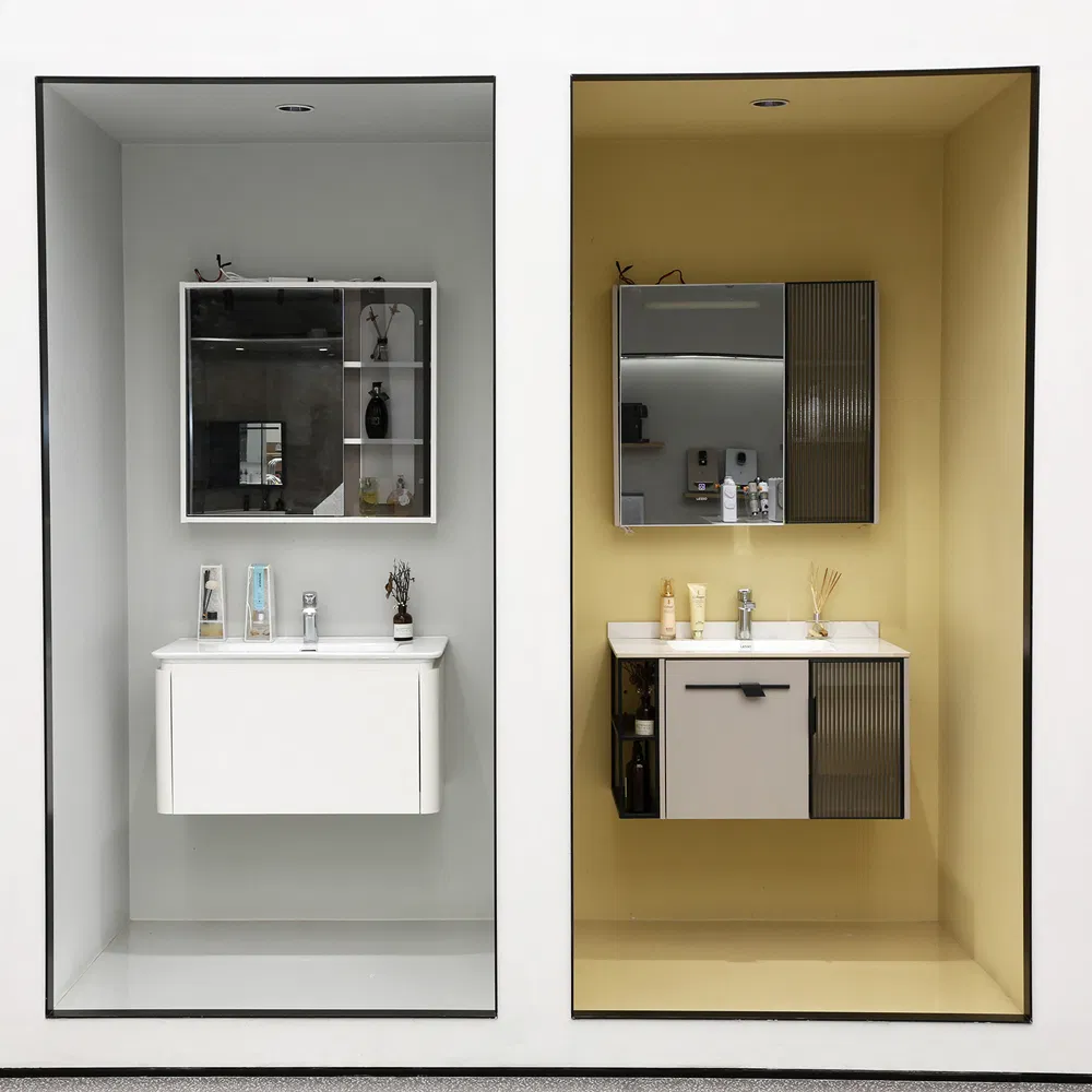 Móvel de banheiro com gabinete de painel de fábrica, com pias simples e duplas e espelho, lavatório para banheiro de hotel