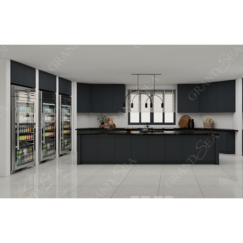 Armários de Cozinha de Design Luxuoso na Cor Preta, Armário de Vinho, Ilha de Cozinha