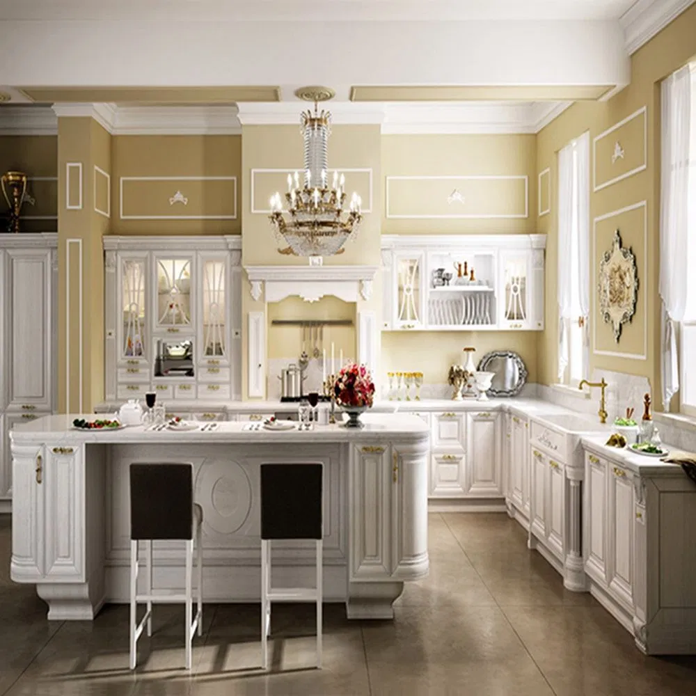Móveis de Madeira Sólida Brancos Personalizados Luxuosos Design de Exibição de Ilha Atacado Armários de Madeira Modernos Pintura Laminada Despensa Alta de Armazenamento Armários de Cozinha