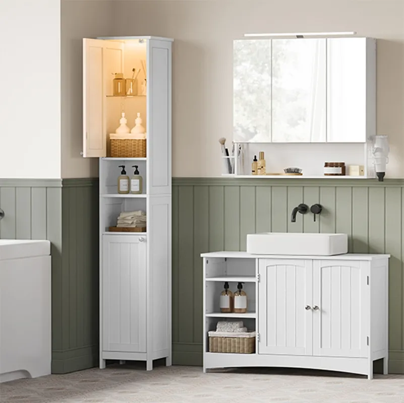 Armário Freestanding Slim Moderno Alto para Banheiro com Prateleiras Ajustáveis para Espaços Pequenos, Banheiro e Sala de Estar