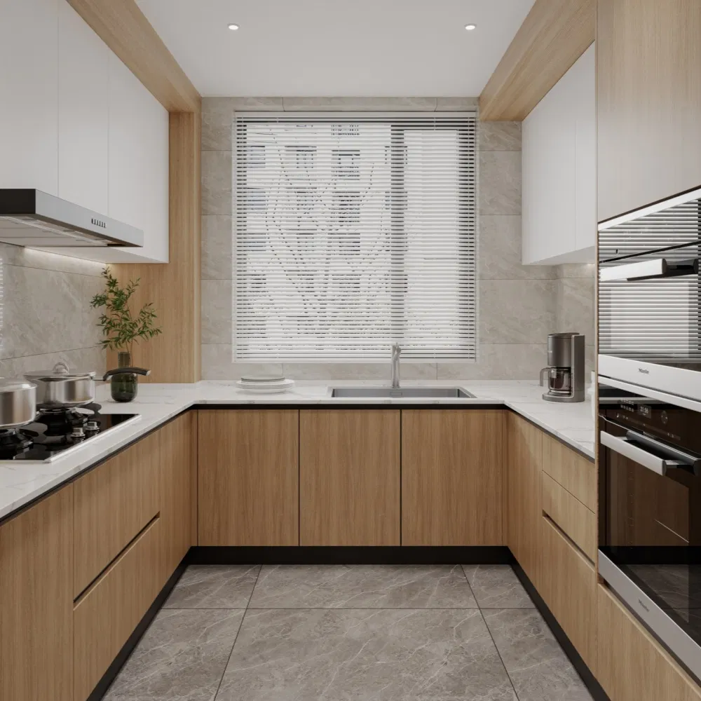 Armário de despensa cinza OSB moderno, armários de cozinha, design personalizado em forma de U