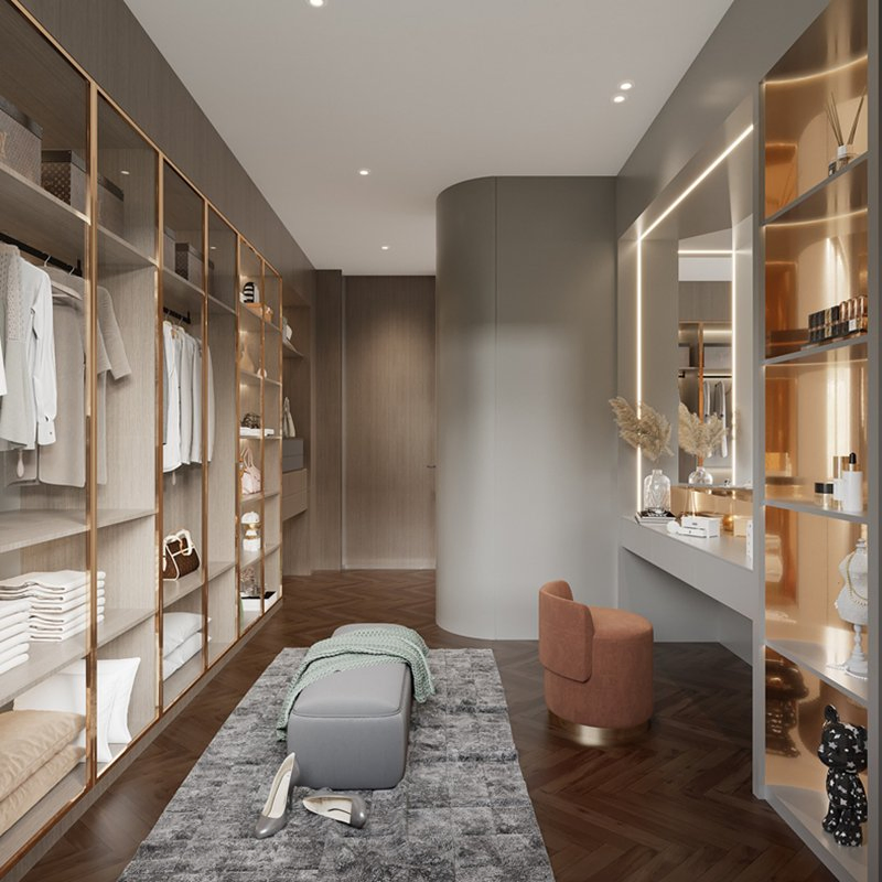 Novos Designs Canto Armário de Linho Plástico MDF Móvel Moderno em Madeira Teak Guarda-Roupa com Porta Deslizante de Vidro e Ilha