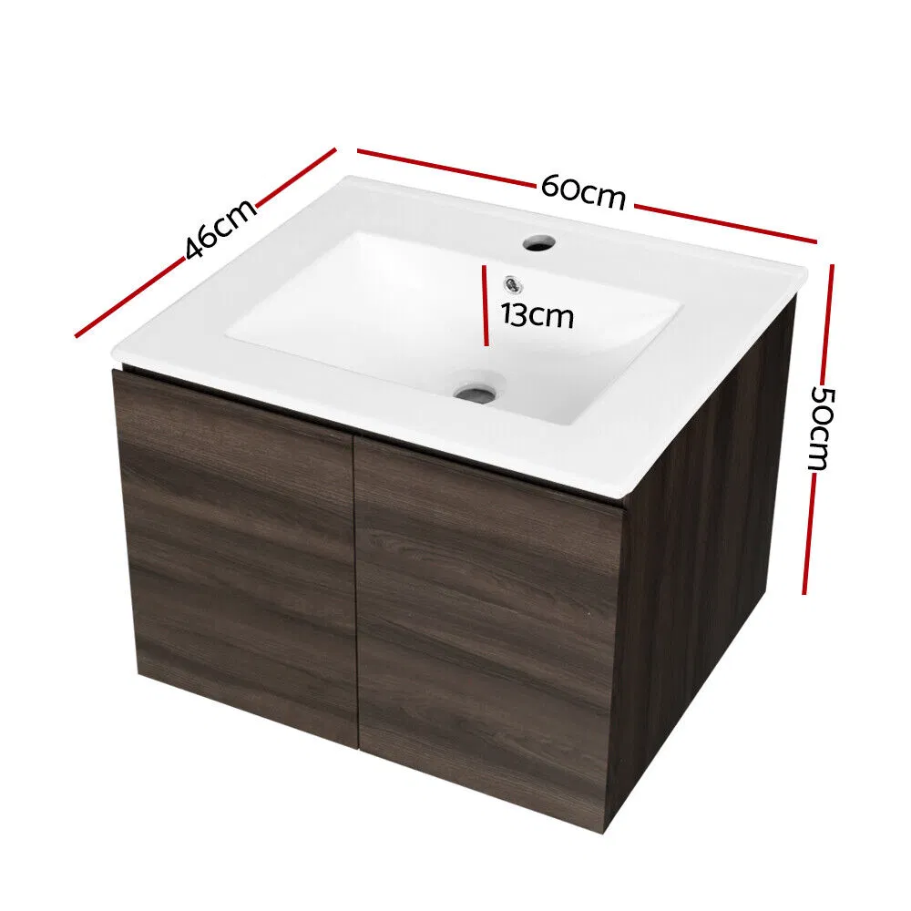 Unidade de Banheiro de Parede em Madeira Nogueira com Lavabo de Cerâmica 600mm