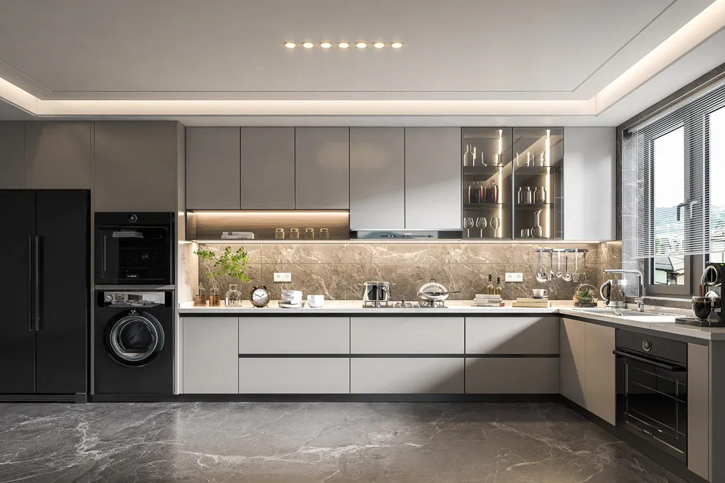 Conjunto de Móveis de Cozinha Moderna Design Vintage Módulo de Canto Lacado em Madeira Sólida com Ilha