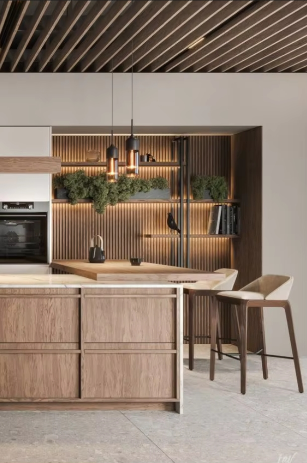 Nova Chegada Conjunto Completo Vintage Distinto de Armários de Cozinha Modernos em Madeira Complementados com Quartzo