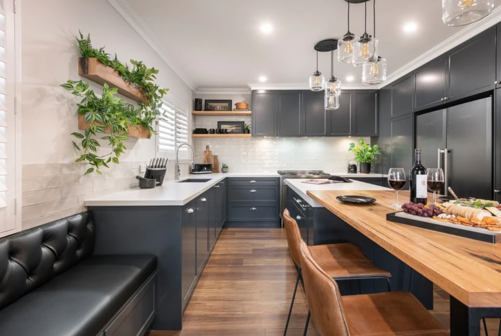 Design de Interiores de Casa Cozinha Cinza Escuro Prateleira de Suporte Exibição Base de MDF Pia Armários de Cozinha