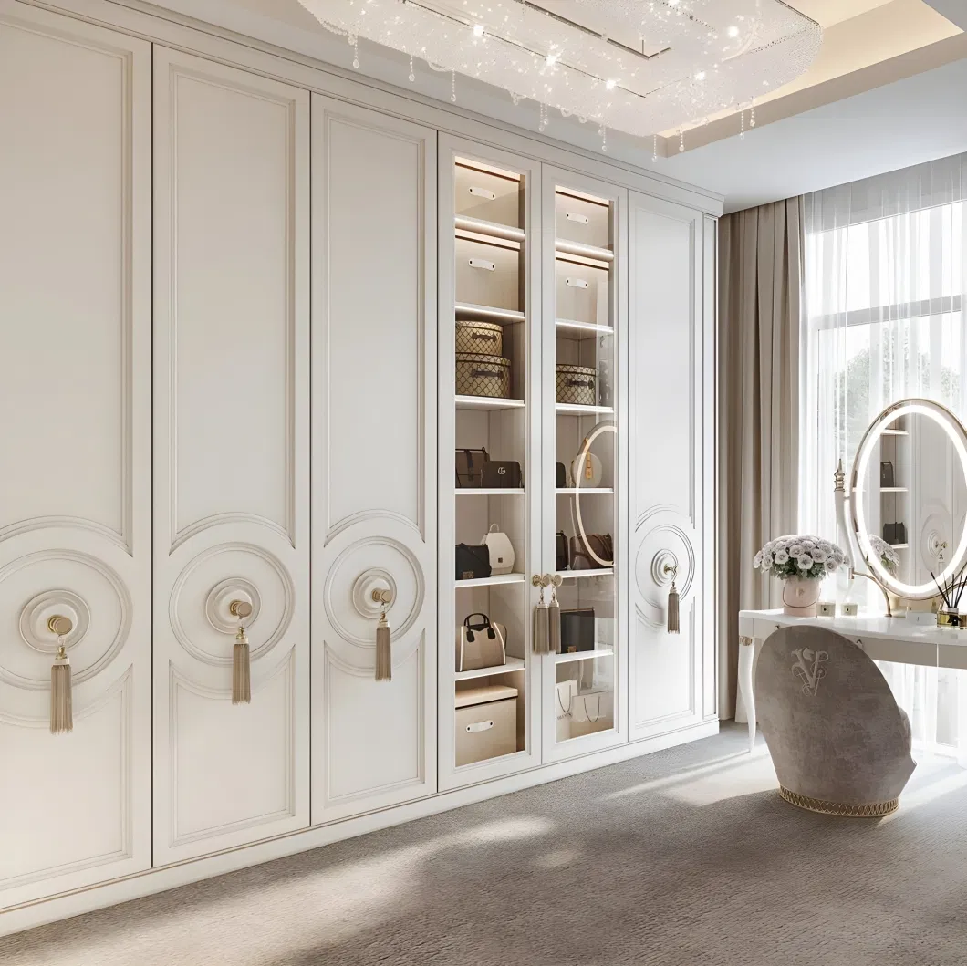 Design de Armários de Quarto em Madeira Sólida Branca Europeia com Porta de Vidro e Faixa de Luz