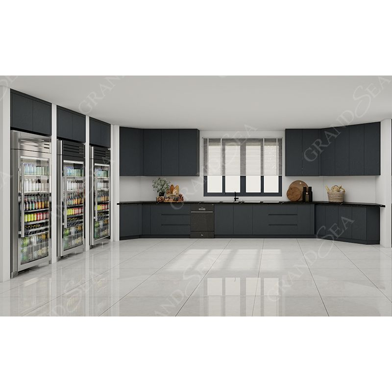 Armários de Cozinha de Design Luxuoso na Cor Preta, Armário de Vinho, Ilha de Cozinha