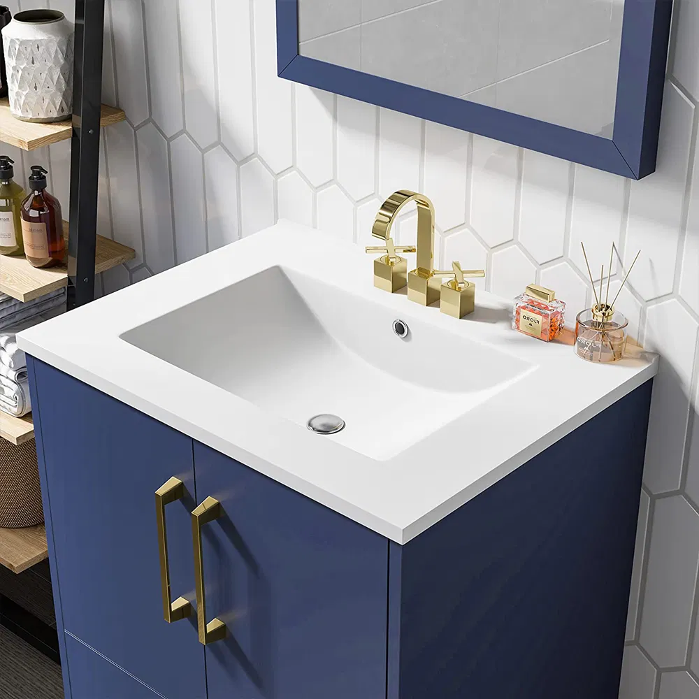 24" Vanidade de Banheiro Flutuante Azul Montada na Parede com Pia de Cerâmica Branca