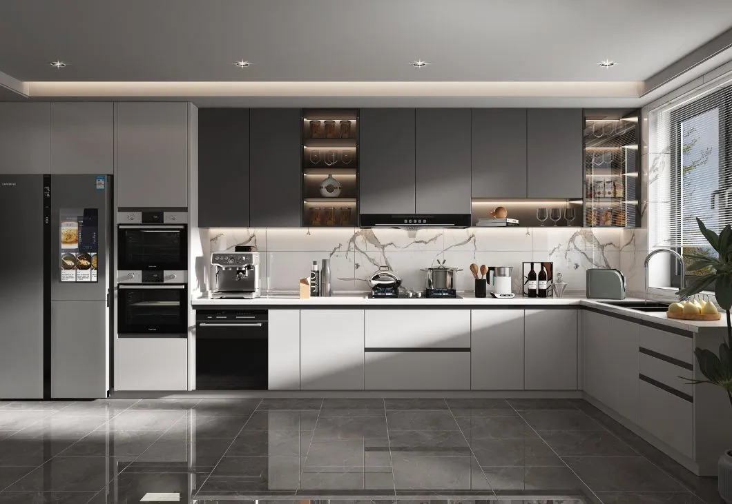 Armário de despensa cinza OSB moderno, armários de cozinha, design personalizado em forma de U