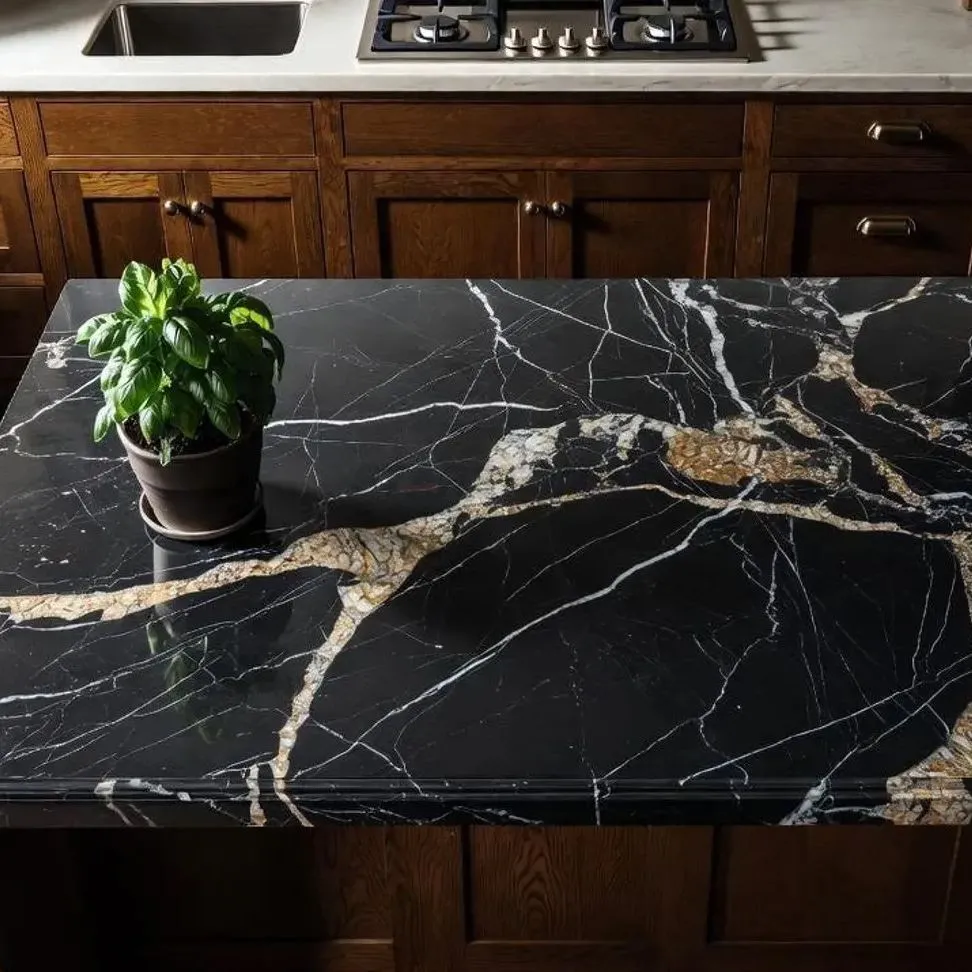 Bancada de Cozinha em Mármore Nero Marquina de Luxo com Superfície de Pedra Preta Polida Design Moderno de Armário de Bar em Casa