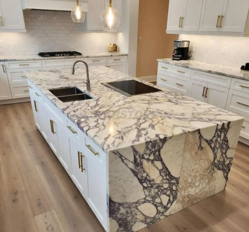 Ilha de Cozinha de Mármore Calacatta Viola Personalizada de Luxo com Topo de Contraposição Roxo e Branco para Interiores Residenciais e Comerciais Modernos
