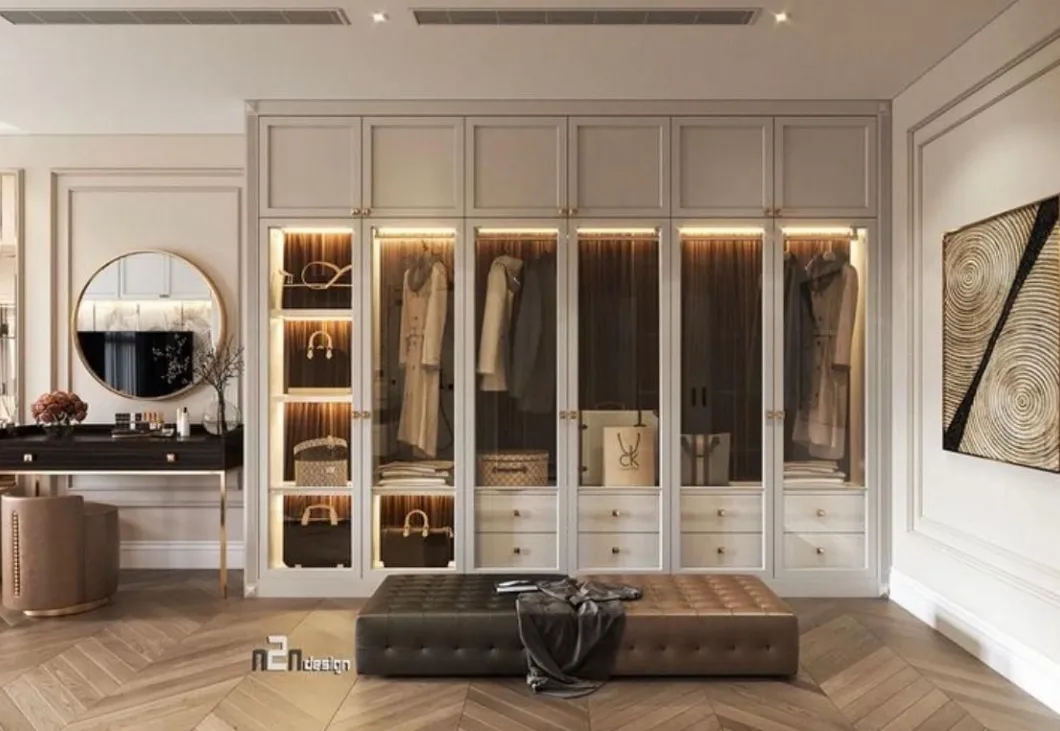 Design de Armários de Quarto em Madeira Sólida Branca Europeia com Porta de Vidro e Faixa de Luz
