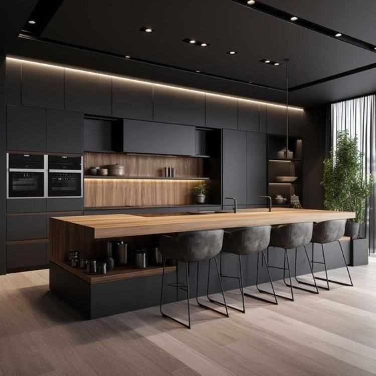 Armário de Cozinha de Luxo Personalizado com Ilha Designs de Cozinha Moderna Luxo Novo Design Preto Personalizado Armários de Cozinha Completo para Vila