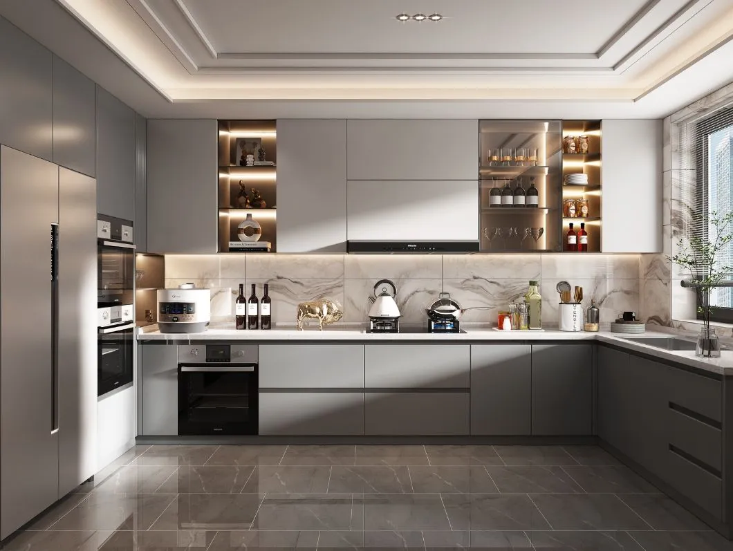 Armário de despensa cinza OSB moderno, armários de cozinha, design personalizado em forma de U