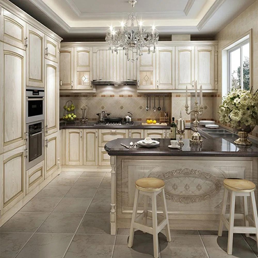 Móveis de Madeira Sólida Brancos Personalizados Luxuosos Design de Exibição de Ilha Atacado Armários de Madeira Modernos Pintura Laminada Despensa Alta de Armazenamento Armários de Cozinha