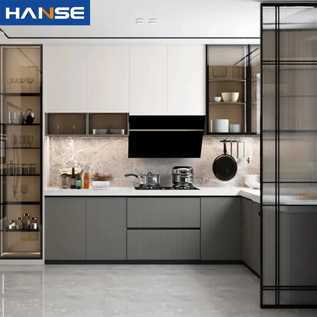 Gabinetes de Exibição de Vidro de Canto de Luxo para Cozinha Prontos para Montar, Gabinetes de Cozinha Modernos em Laca para Apartamento