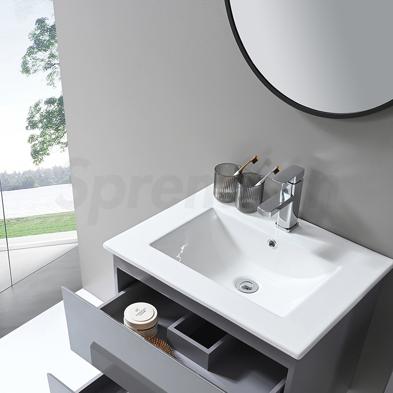 Móvel de banheiro em PVC cinza de estilo europeu moderno e luxuoso, simples e montado na parede