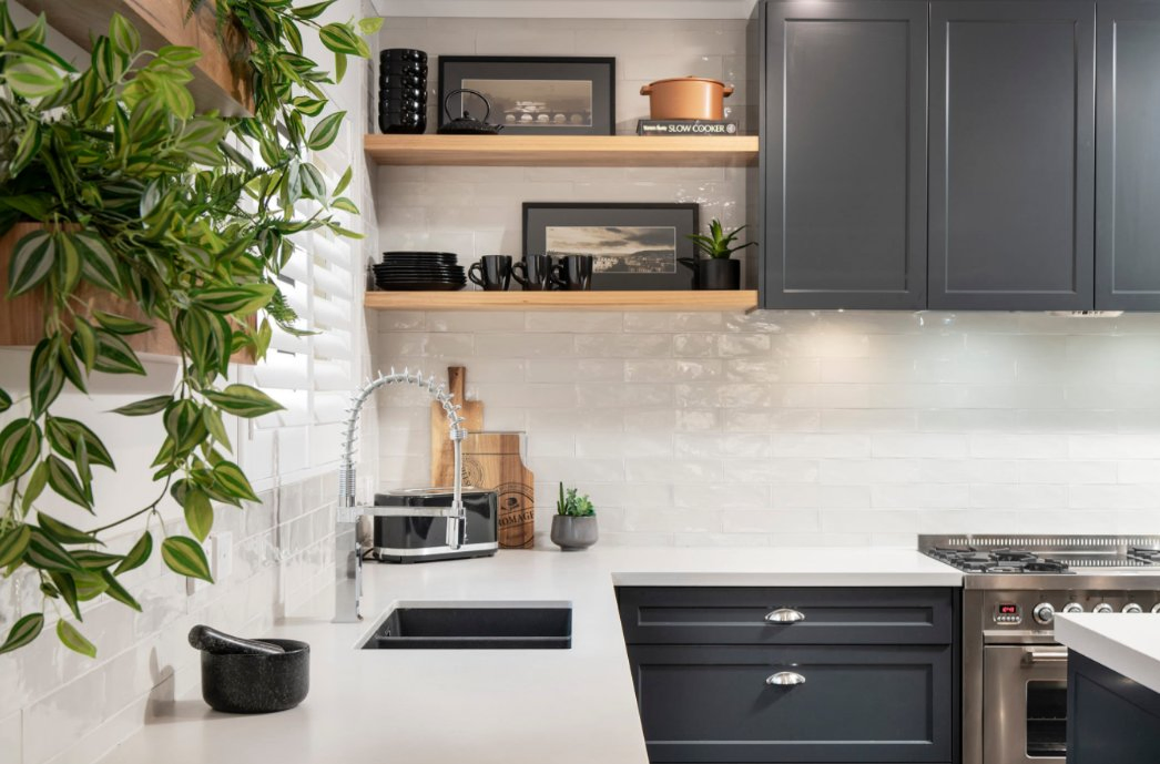 Design de Interiores de Casa Cozinha Cinza Escuro Prateleira de Suporte Exibição Base de MDF Pia Armários de Cozinha