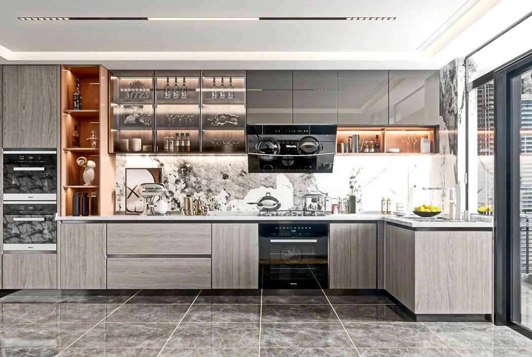 Conjunto de Móveis de Cozinha Moderna Design Vintage Módulo de Canto Lacado em Madeira Sólida com Ilha