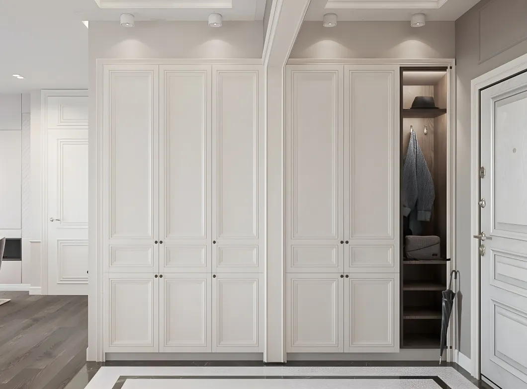 Design de Armários de Quarto em Madeira Sólida Branca Europeia com Porta de Vidro e Faixa de Luz