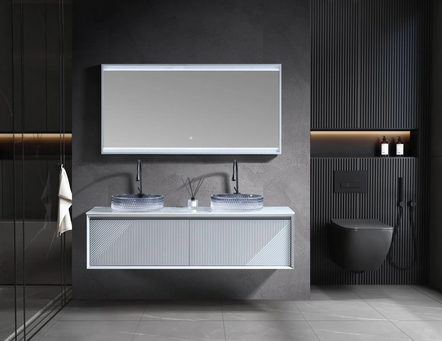 Bancada de Banheiro Flutuante Estilosa com Configuração de Duplo Lavabo