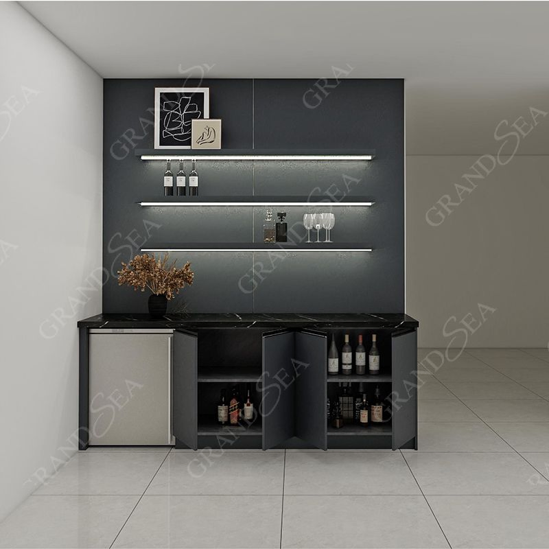 Armários de Cozinha de Design Luxuoso na Cor Preta, Armário de Vinho, Ilha de Cozinha