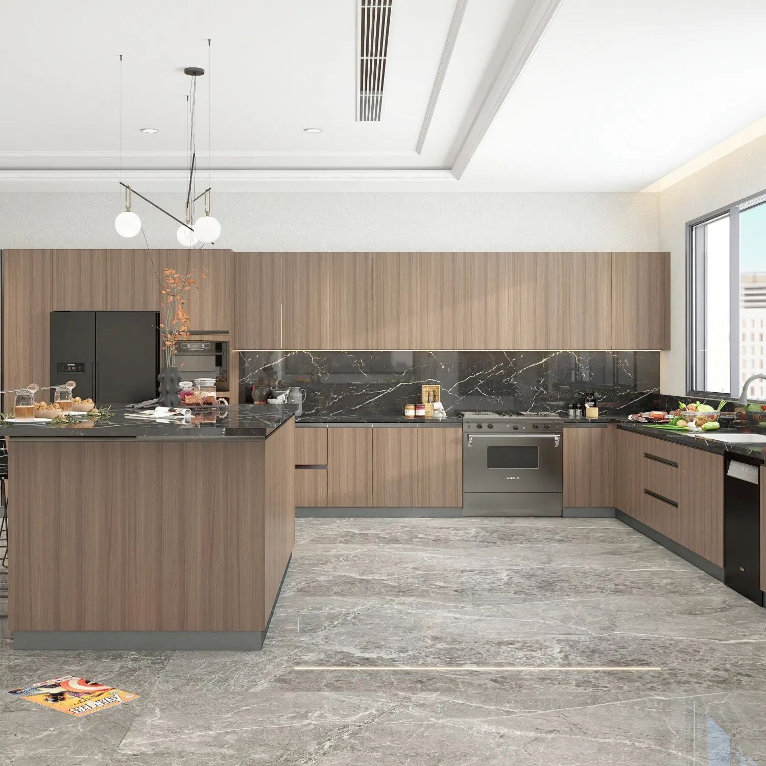 Hotel Villa Fábrica Foshan Cozinha Moderna Luxuosa à Prova d'Água Estilo Linear Armário de Madeira com Ilha